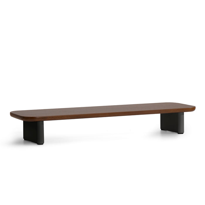 Modern wooden bench with black legs on white background. (Walnut)