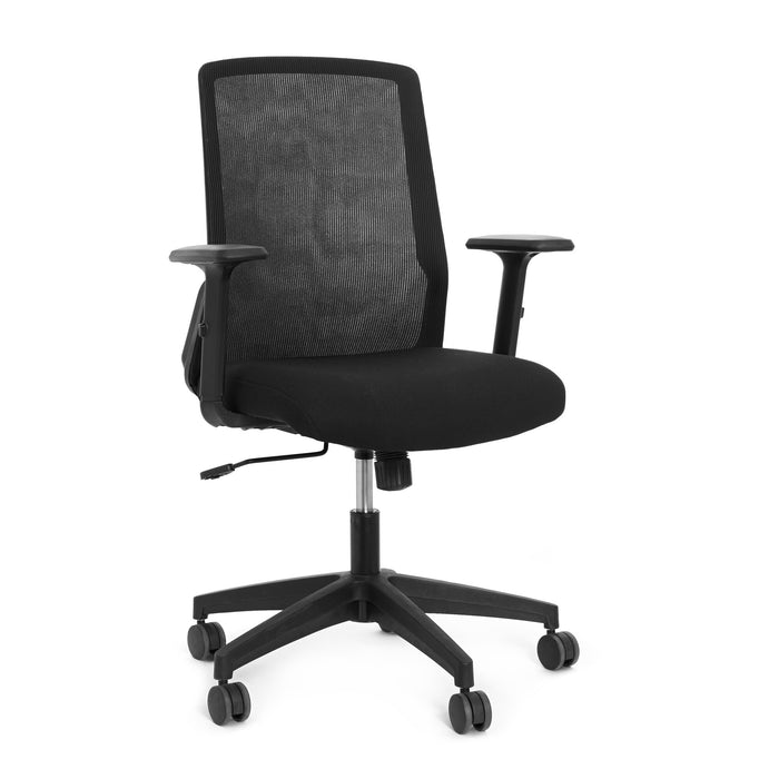 Black ergonomic office chair with adjustable armrests and wheels on white background. (Black)