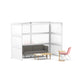 Modern office pod with couch, table, and chair on white background. (White-Private-White Glass)