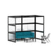 Modern office pod with teal sofa and grey chair on white background. (Black-Semi-Private-White Glass)