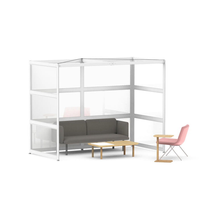 Modern office meeting pod with sofa, table, and chair on white background. (White-Semi-Private-White Glass)