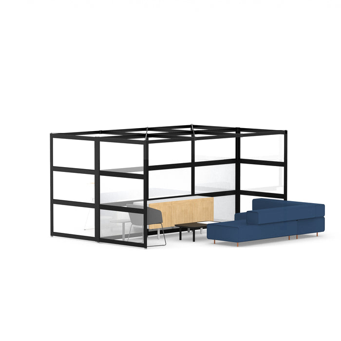 Modern office furniture with cubicles and blue sectional sofa against a white background. (Black-Semi-Private-White Glass)