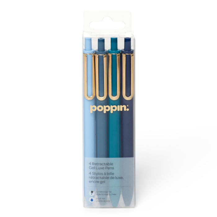 Pack of 4 Poppin retractable gel luxury pens with blue and gold colors on white background. 