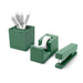 Green office supplies set including pens, tape dispenser, and stapler on a white background. (Sage)