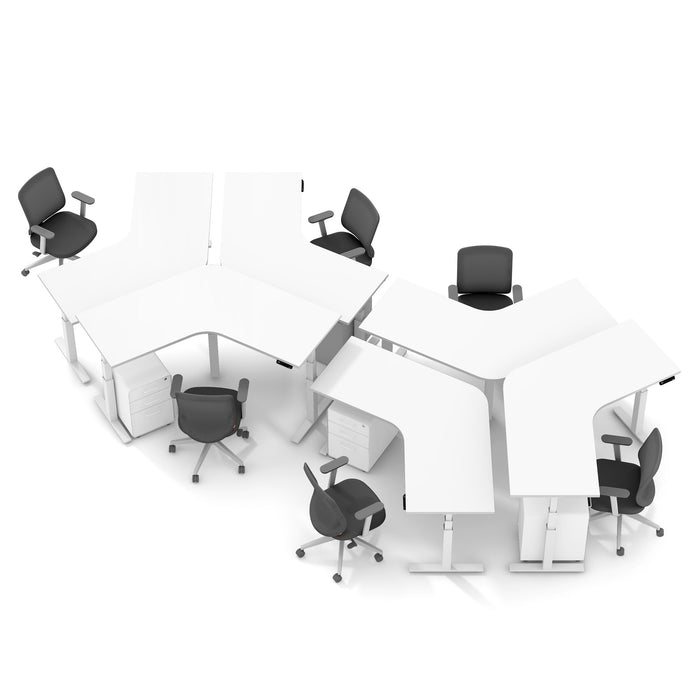 Modern office workstations with white partitions and black chairs on white background. 