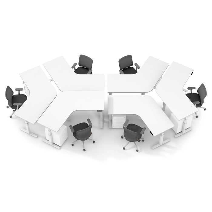 Modern office cubicles in a circular layout with ergonomic chairs and white desks. 