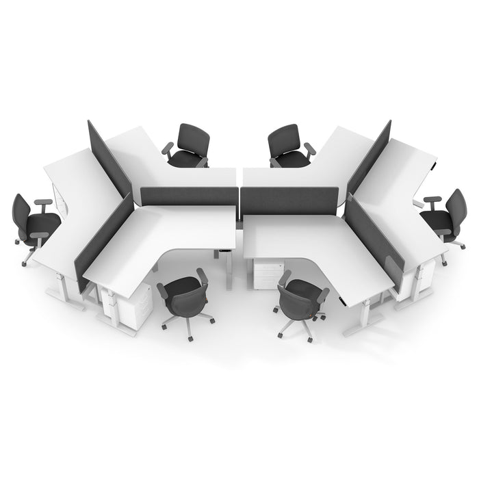 Modern office cubicles with ergonomic chairs and white desks arranged in a star shape on a white background. 