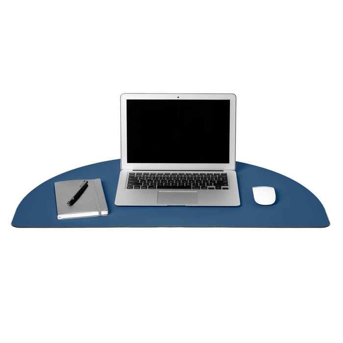 Laptop on blue desk mat with notebook and pen alongside a white mouse, isolated on white background. (Slate Blue)