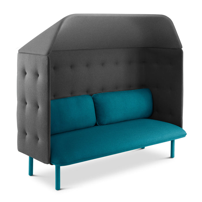 Modern privacy booth sofa with high back and teal cushions on white background. (Teal-Dark Gray)