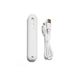 White portable USB battery pack with charging cable on white background. 