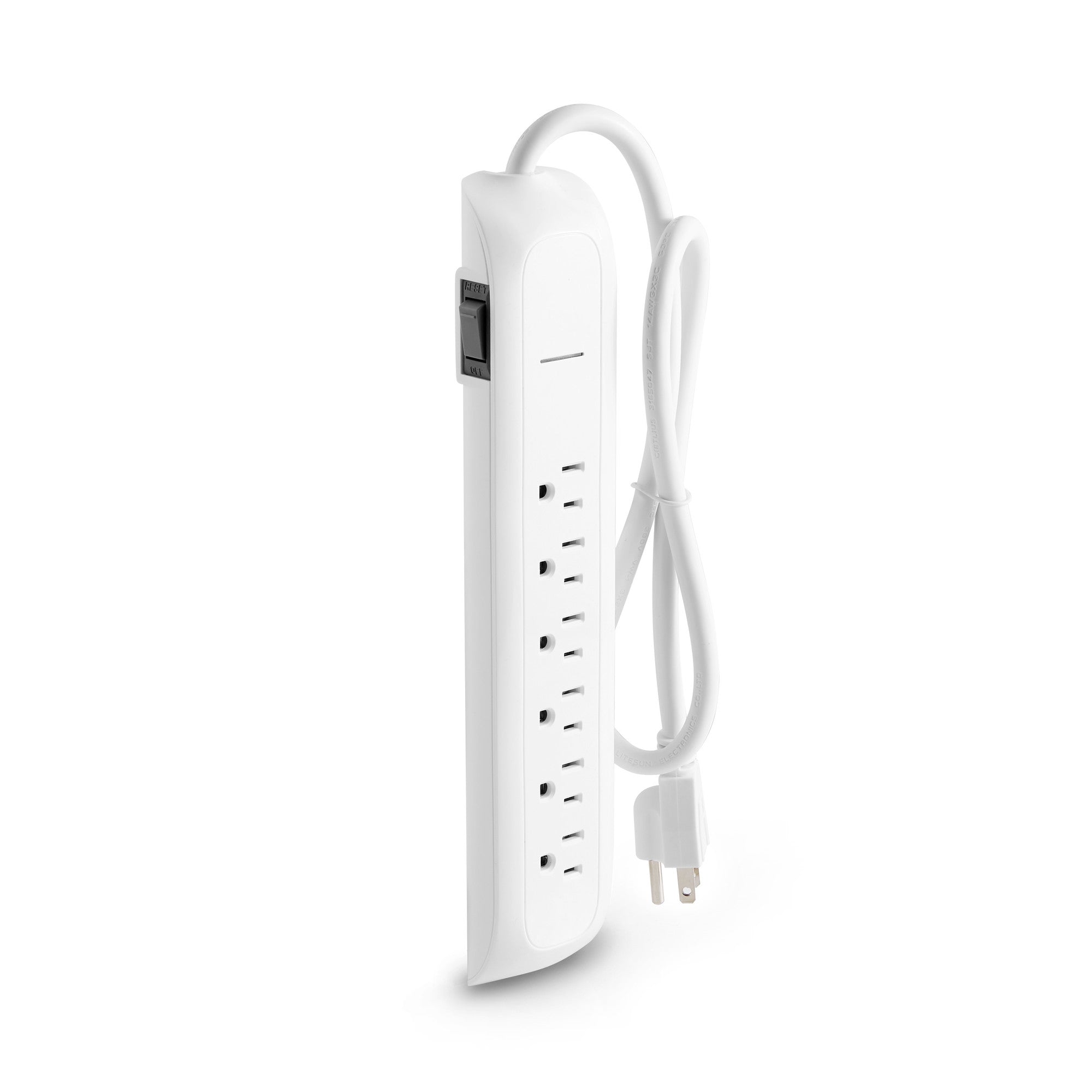 White surge protector power strip with multiple outlets and USB ports on a white background. (White-2.5')