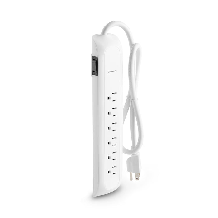 White surge protector power strip with multiple outlets and USB ports on a white background. (White-2.5&apos;)