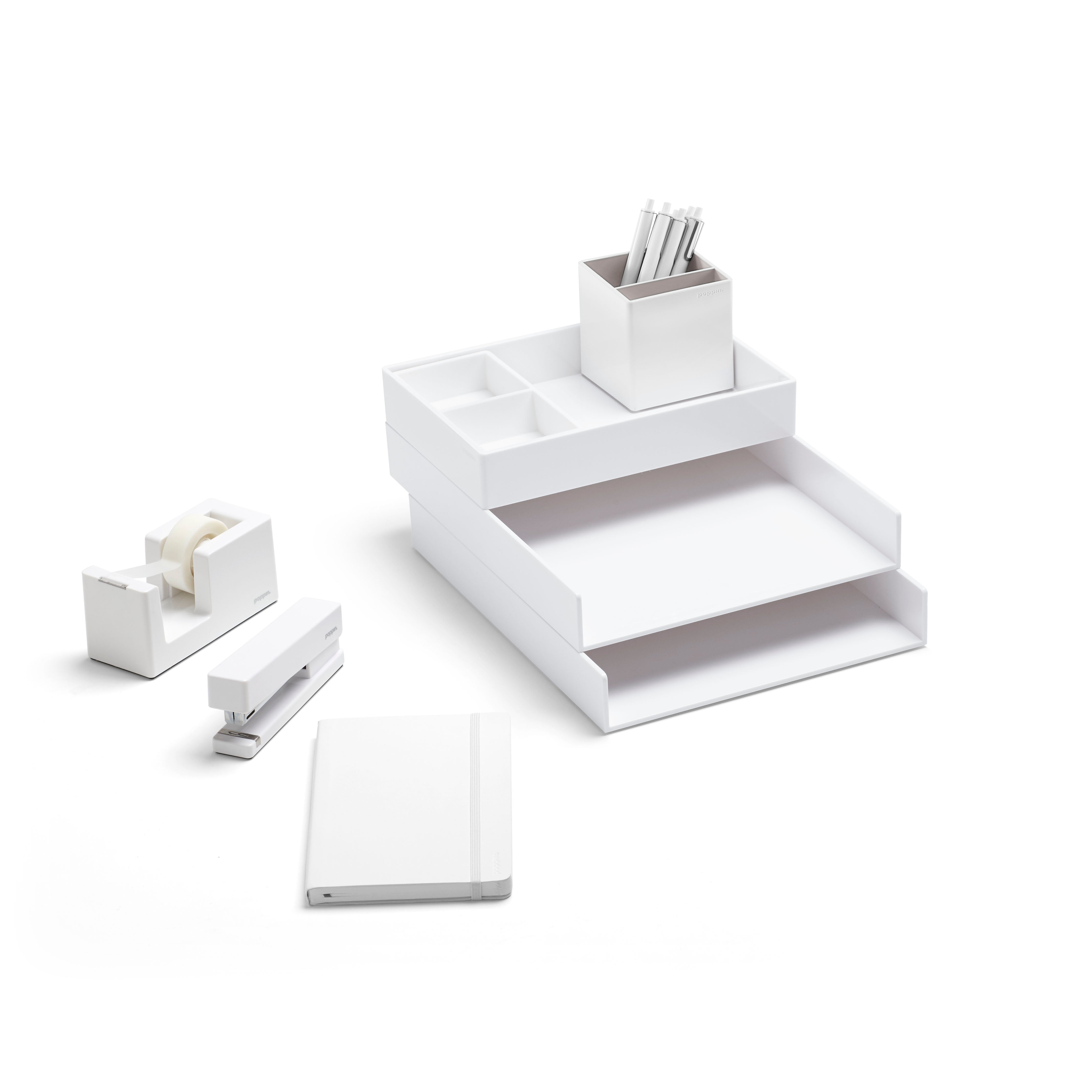 White office desk organizer set with stapler, tape dispenser, and notebook on a white background. (White)