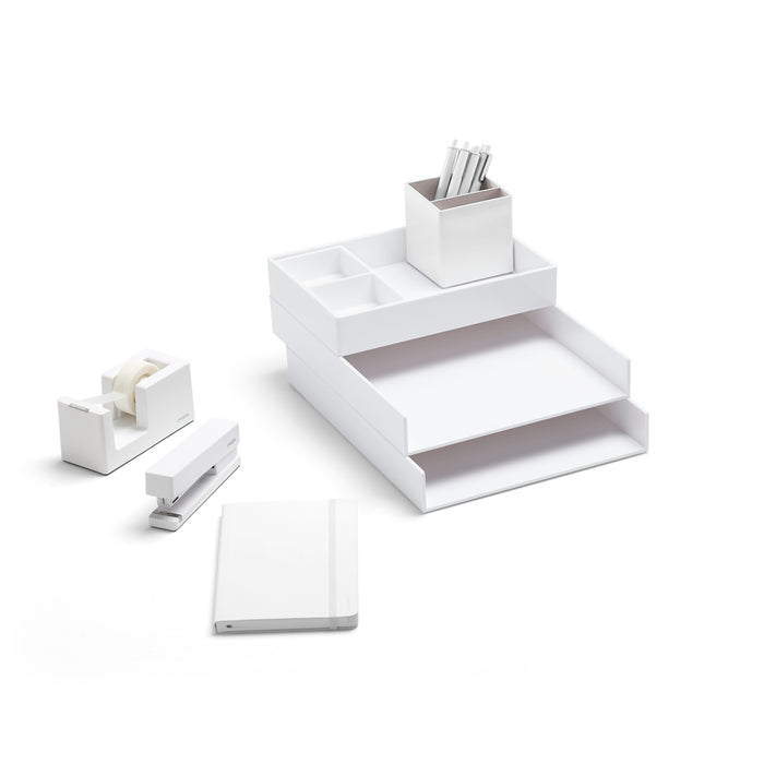 White office desk organizer set with stapler, tape dispenser, and notebook on a white background. (White)