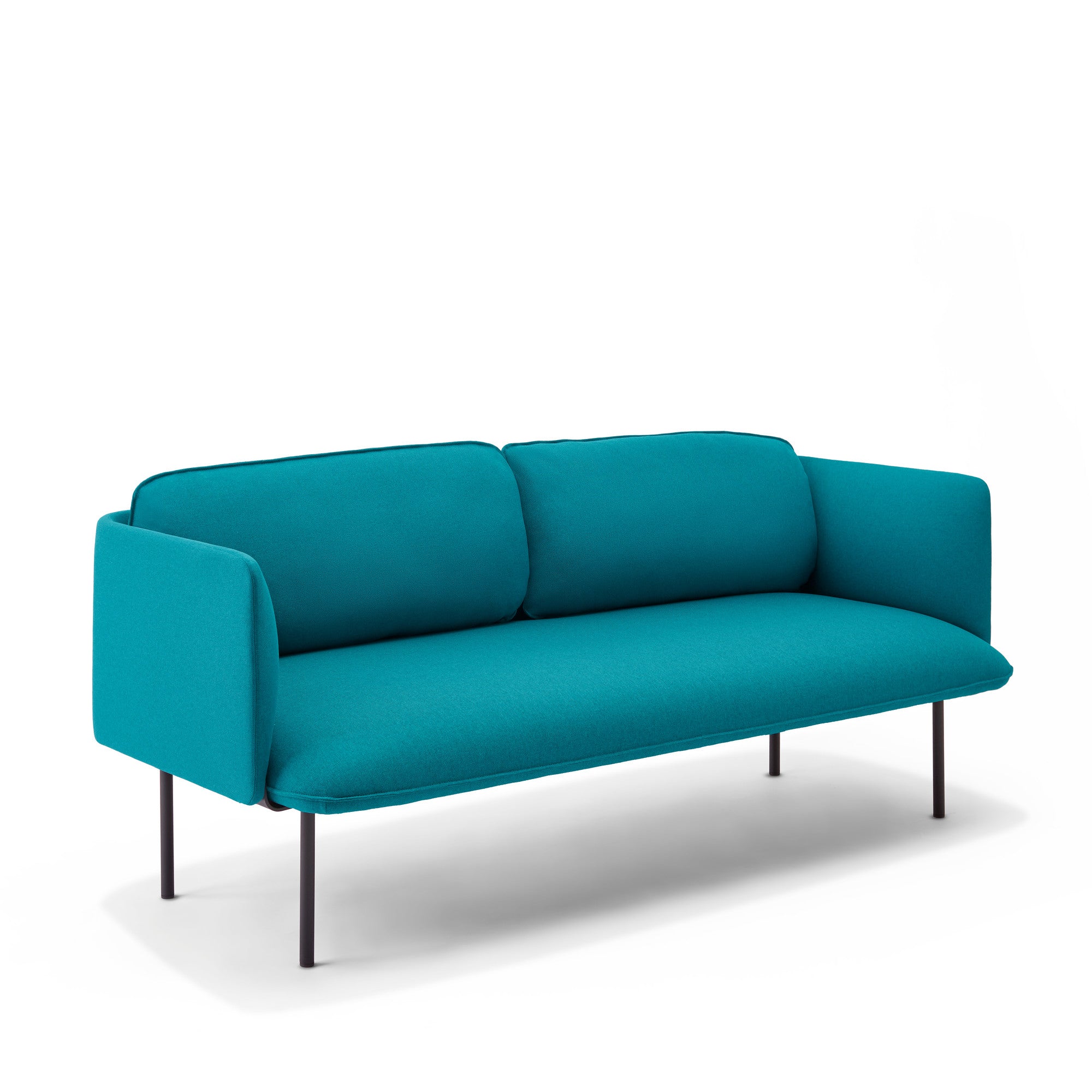Four black metal furniture legs with screws on white background. 
