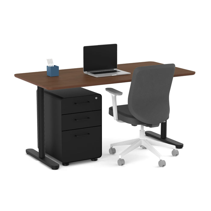 Modern office desk setup with black laptop, ergonomic chair, and file cabinet on white (Walnut-60&quot;)