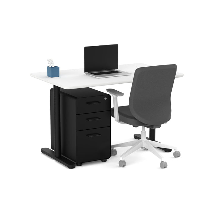 Modern office desk with laptop, chair, and black filing cabinet on white background. (White-48&quot;)