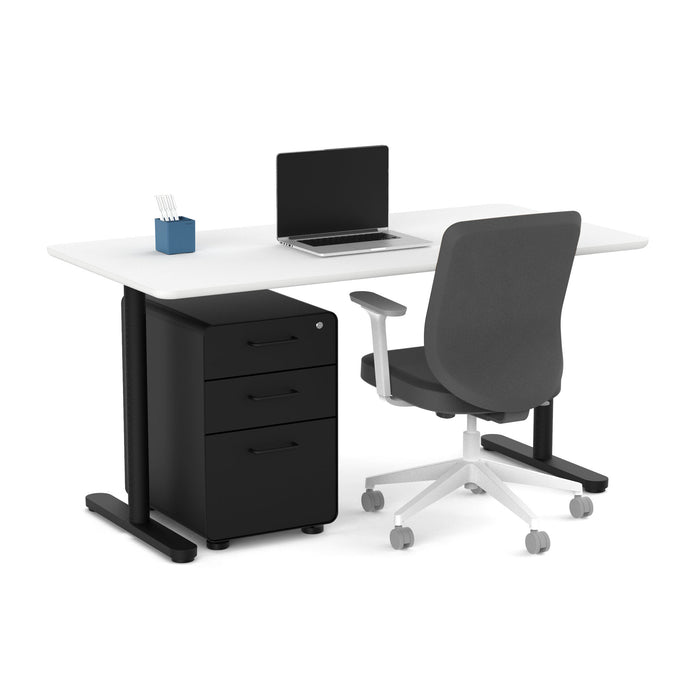 Modern office desk with laptop, black chair, and file cabinet on white background. (White-60&quot;)