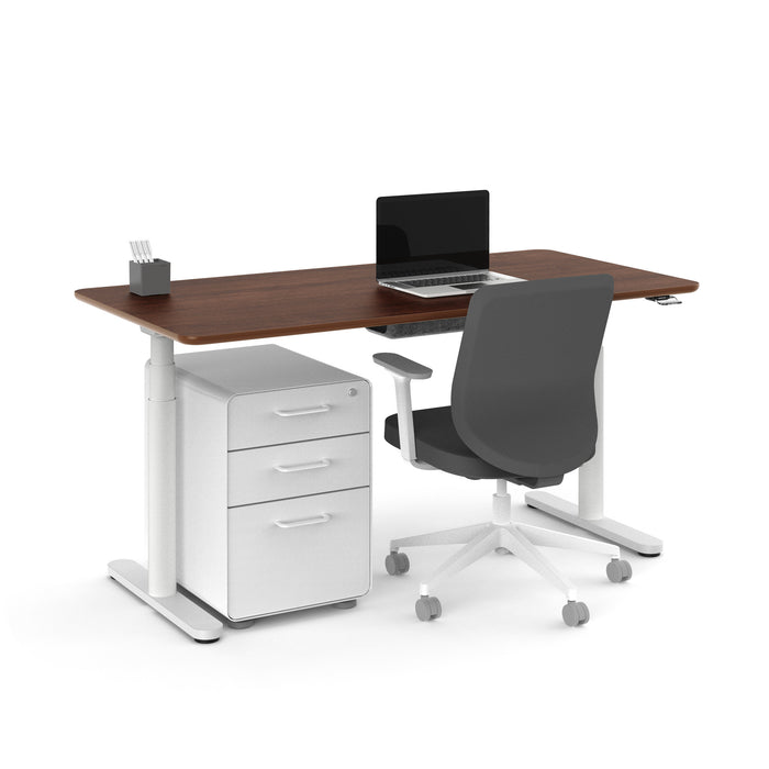 Modern office desk with laptop, chair, and mobile drawer unit on white background. (Walnut-60&quot;)