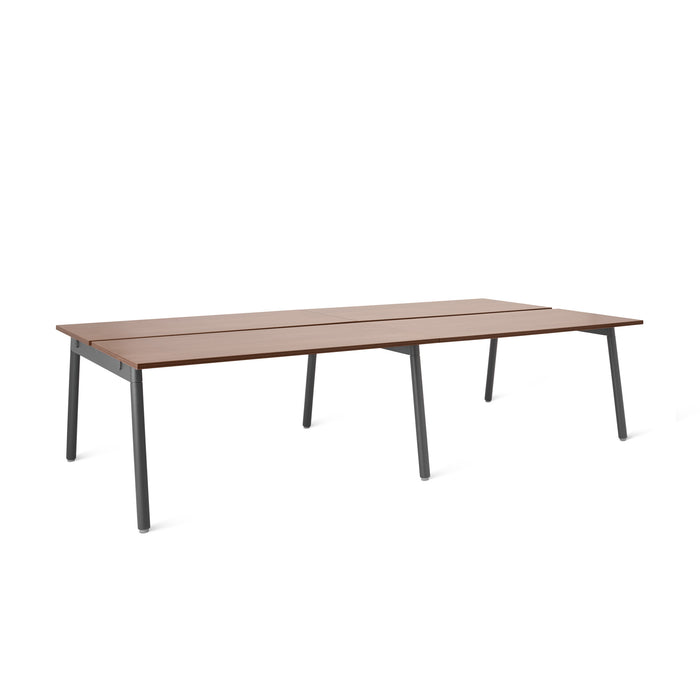 Modern brown wooden table with black metal legs on a white background. (Walnut-57&quot;)