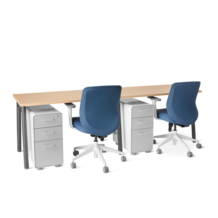 Modern office workspace with blue chairs and wooden desk with white file cabinets. (Natural Oak-47&quot;)(Natural Oak-47&quot;)