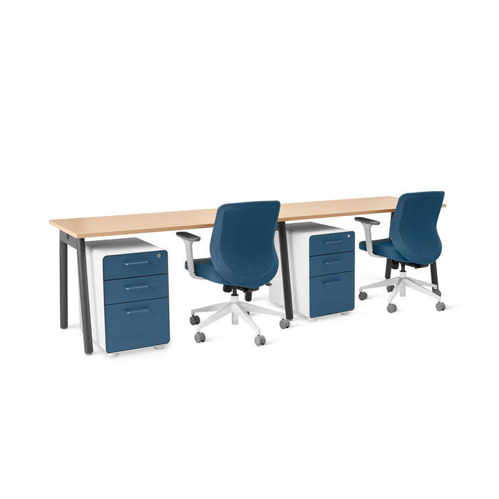 Modern office workstation with blue chairs and filing cabinets on white background. (Walnut-57&quot;)(Walnut-57&quot;)(Natural Oak-57&quot;)(Natural Oak-57&quot;)