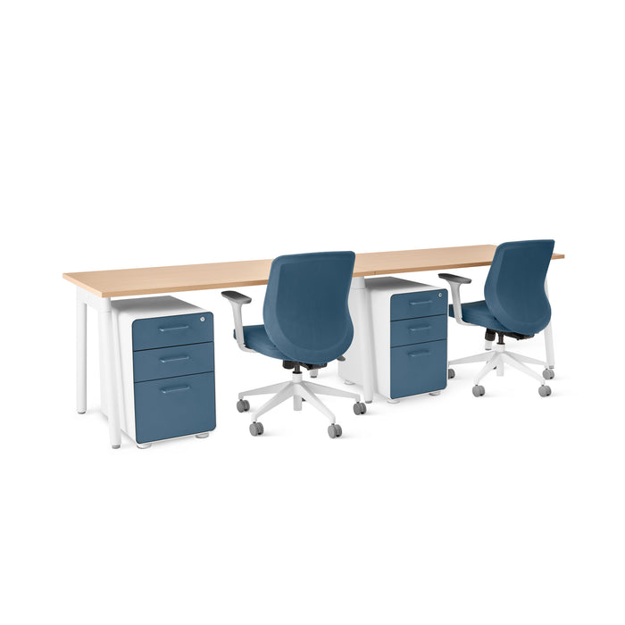 Modern office desk with blue chairs and white drawers on a white background. (Natural Oak-57&quot;)(Natural Oak-57&quot;)