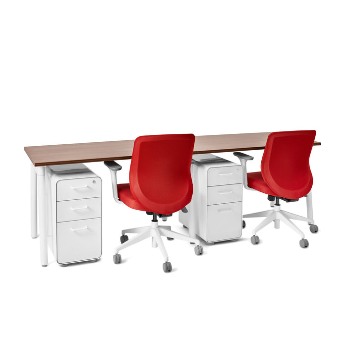 Modern office workspace with walnut desk, red chairs, and white filing cabinets. (Walnut-47&quot;)(Walnut-47&quot;)