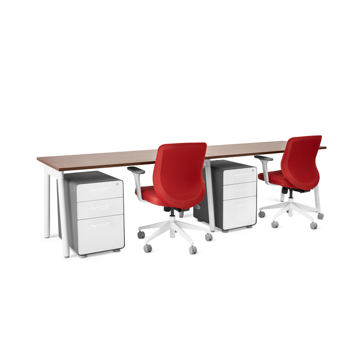 Modern office workspace with wooden desk, red chairs, and white storage cabinets (Walnut-57&quot;)(Walnut-57&quot;)