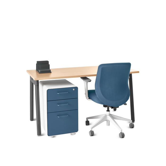 Modern office desk with blue chair and file cabinet on white background. (Natural Oak-57&quot;)(Natural Oak-57&quot;)