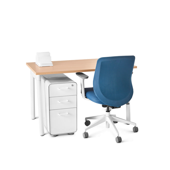 Modern office desk with blue chair and white filing cabinet on a white background. (Natural Oak-47")(Natural Oak-47")