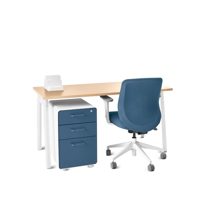 Modern office desk with blue chair and mobile pedestal on white background (Natural Oak-57&quot;)