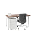 Modern office workspace with a brown desk, white filing cabinet, and black rolling chair. (Walnut-57")