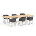 Modern conference room with a long table and six black chairs on a white background. (Natural Oak-124&quot; x 42&quot;)(Natural Oak-124&quot; x 42&quot;)