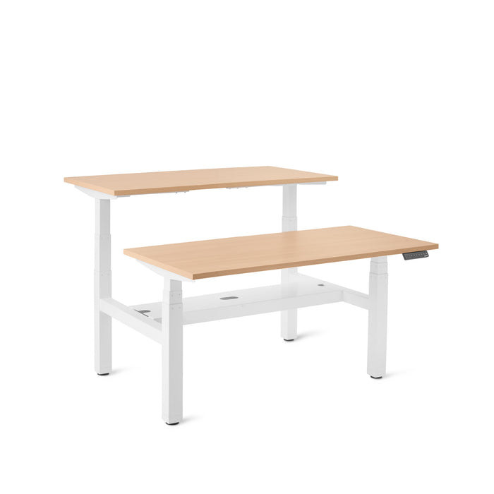 Dual-tiered electric standing desk with light wood finish on a white background. (Natural Oak-47&quot;)