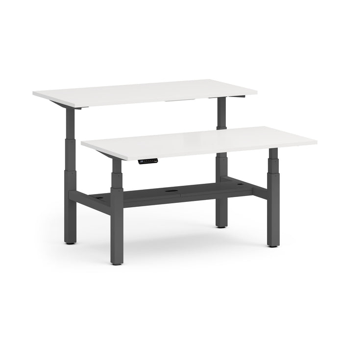 Adjustable height modern white standing desk with dual tiers on a white background. (White-60&quot;)