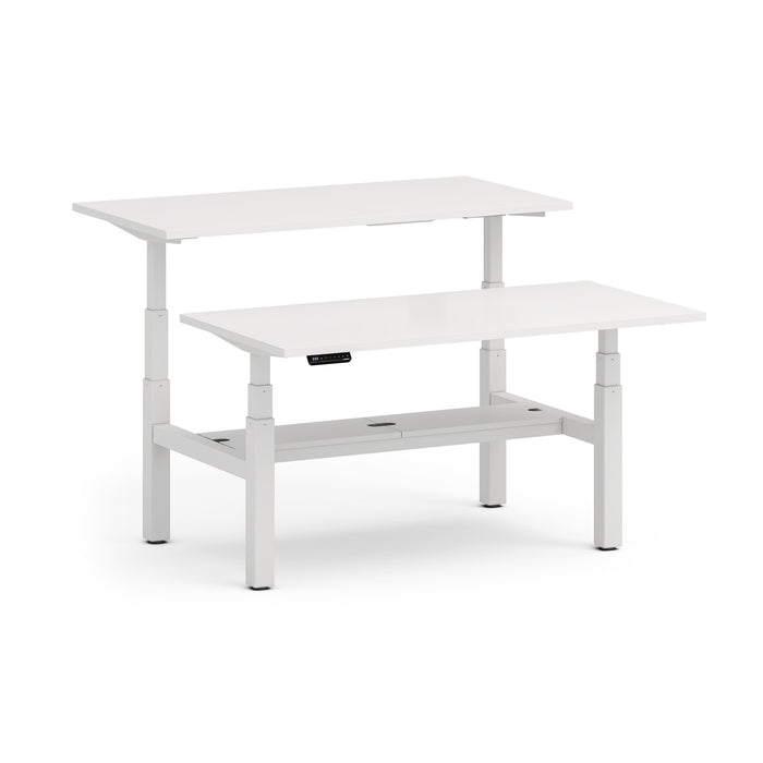 White height-adjustable desk with dual-tiered shelves on white background. (White-60&quot;)