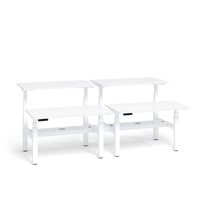 Three white adjustable height desks isolated on white background. (White-57&quot;)(White-47&quot;)
