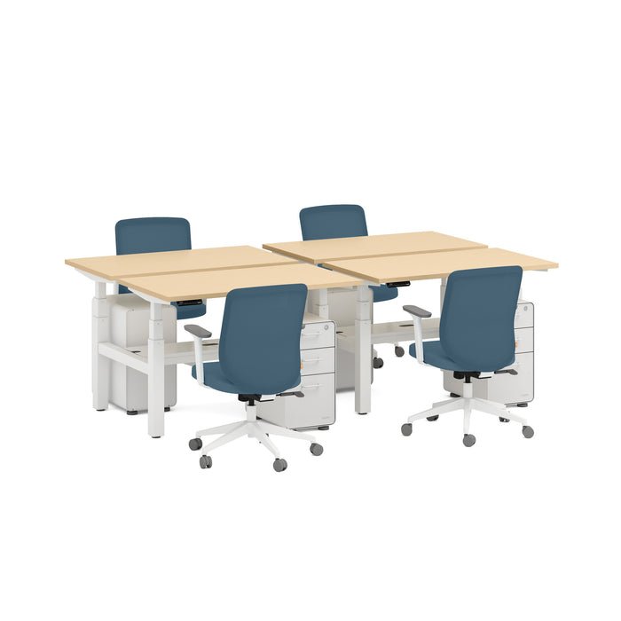 Modular office desks with blue chairs and white storage units on a white background. (Natural Oak-47&quot;)