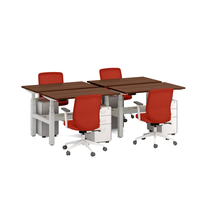Modern office table setup with red office chairs and white storage cabinets on white background. (Walnut-47&quot;)