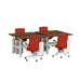 Modern office table setup with red office chairs and white storage cabinets on white background. (Walnut-47&quot;)