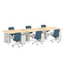 Modern office furniture setup with blue chairs and beige desks with white storage units. (Natural Oak-47&quot;)
