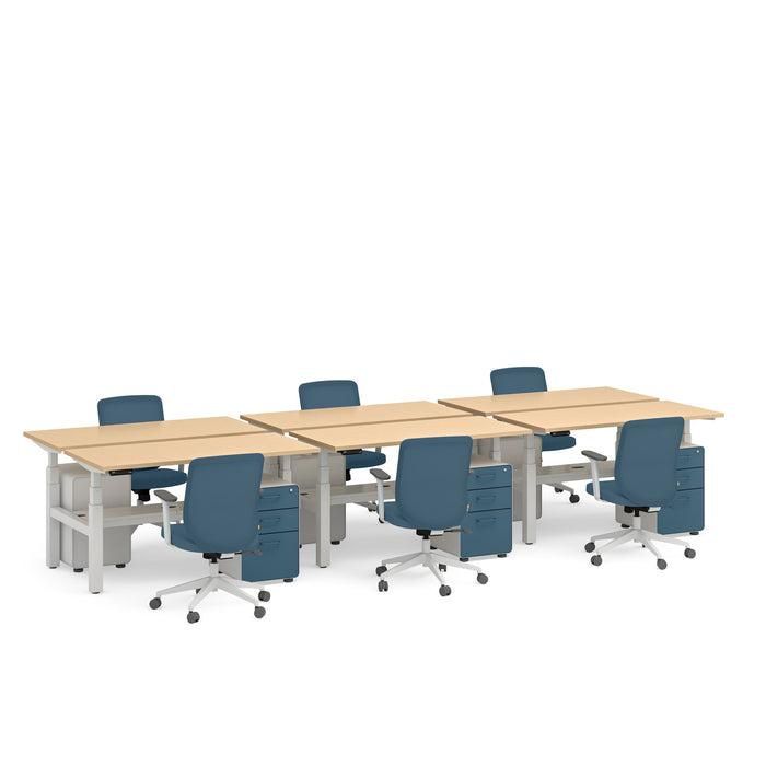 Modern office setup with blue chairs and beige desks on white background. (Natural Oak-57&quot;)