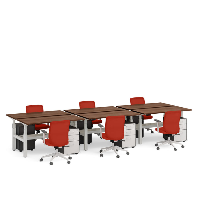 Modern office workspace with brown tables and red office chairs. (Walnut-57&quot;)