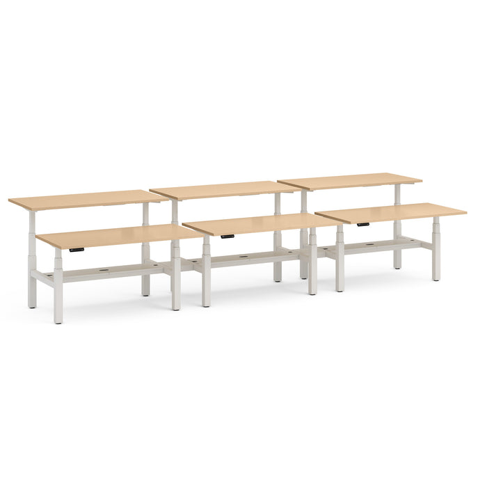 Four modular workstations with beige tabletops and white frames on a white background. (Natural Oak-60&quot;)