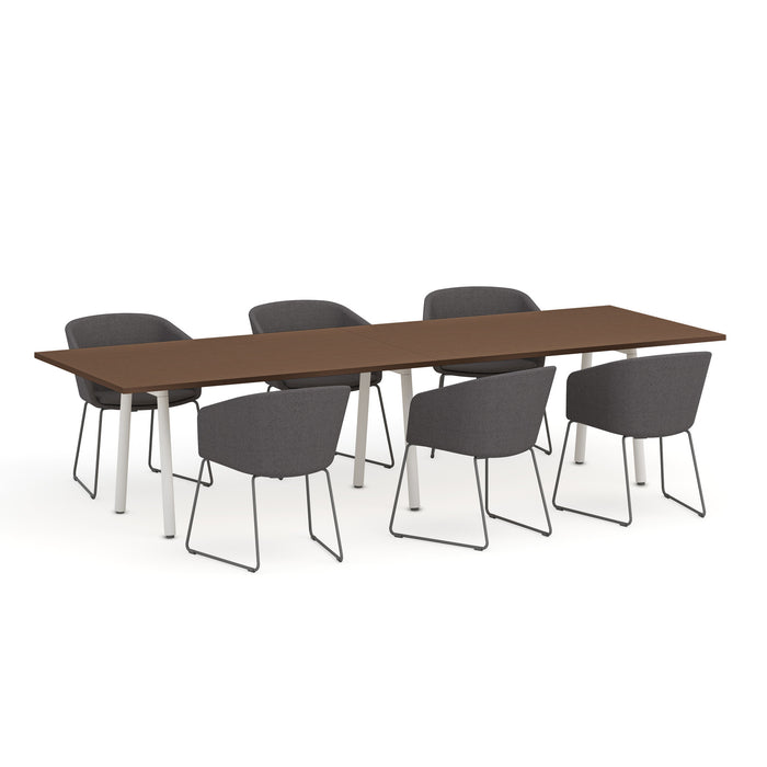 Modern conference table with brown top and gray chairs on white background. (Walnut-124&quot; x 42&quot;)