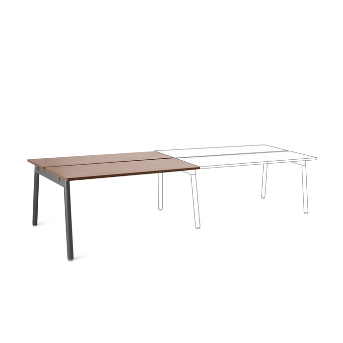 Modern extendable dining table with wooden top and metal legs on white background. (Walnut-57&quot;)