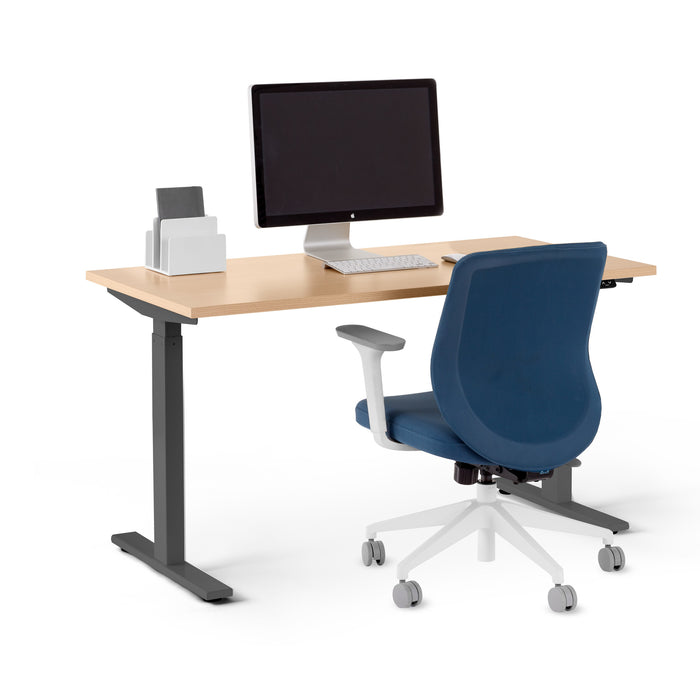 Modern office desk with computer monitor and blue ergonomic chair on white background. (Natural Oak-47&quot;)