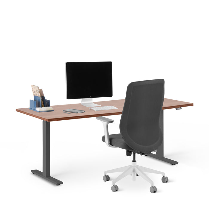 Modern office desk with computer, chair, and stationery items on white background (Walnut-72&quot;)