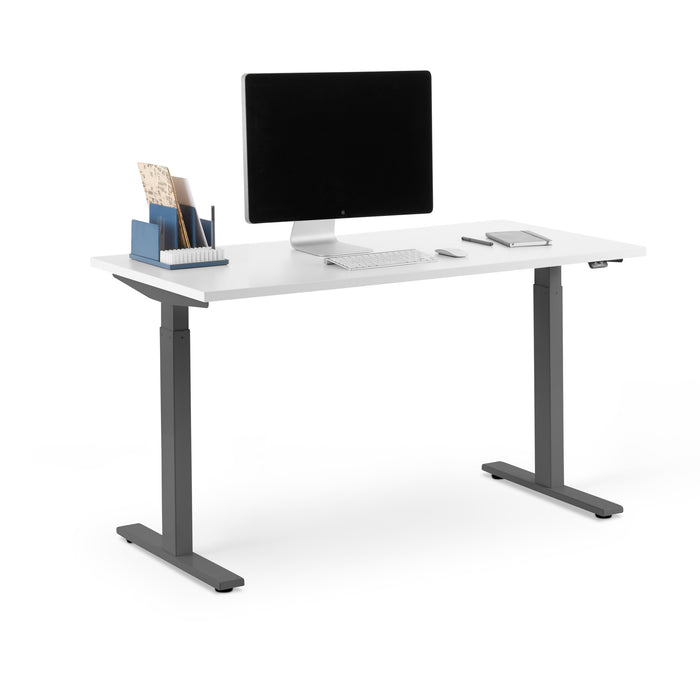 Modern standing desk with computer monitor and office supplies on white background. (White-47&quot;)